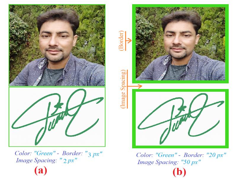 Merged JPG comparison showing thin green border with small spacing vs thick green border with wide spacing